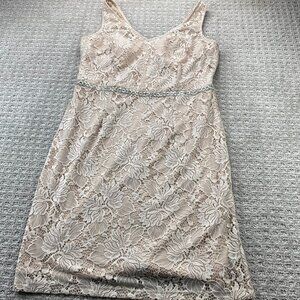 Jessica Laced Dress Women Size 14 Beige Rhinestone Waist Belt